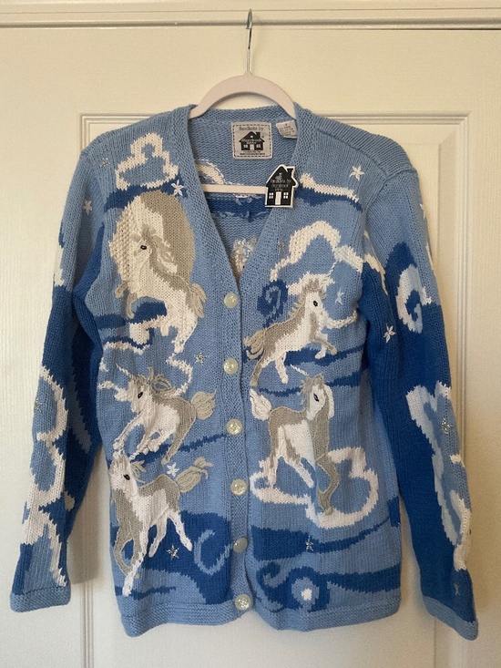 Storybook Knits Sweaters - NWT Rare vintage Storybook Knits Unicorn blue hand knit sweater SMALL